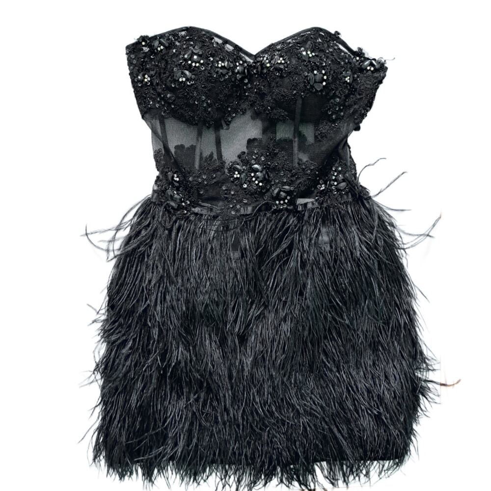 Cinderella Black Feather Corset Mini Dress Strapless Beaded Prom Size 4 Cocktail - Picture 6 of 16